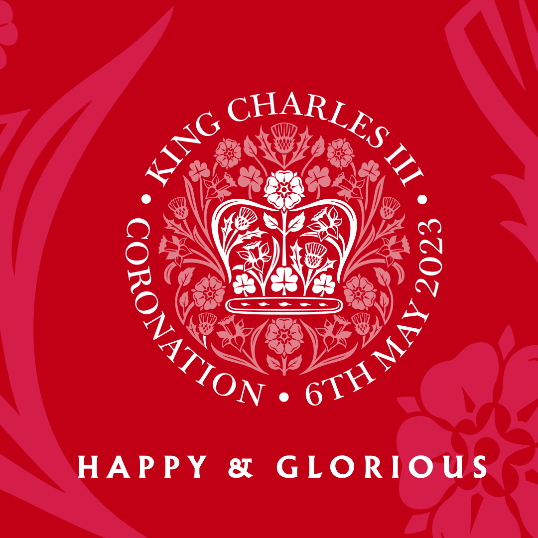 Official logo of the coronation of King Charles III - Happy and Glorious heading