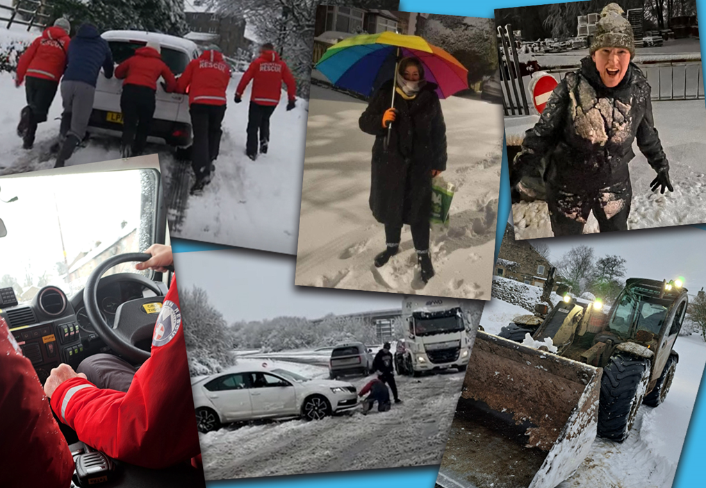 Collage of people helping others in the snow