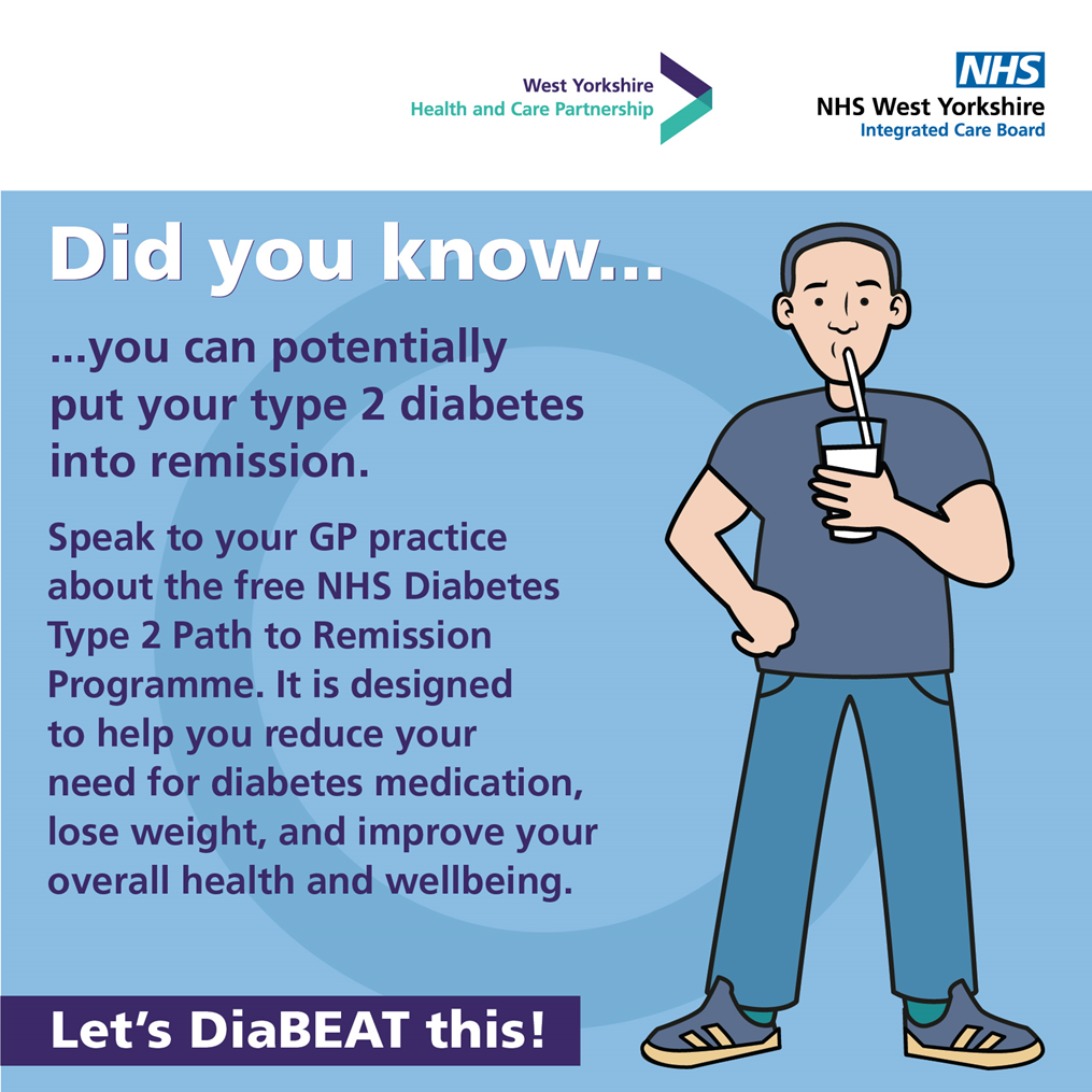 "Infographic by NHS West Yorkshire promoting a free program to help people with type 2 diabetes achieve remission through lifestyle changes."