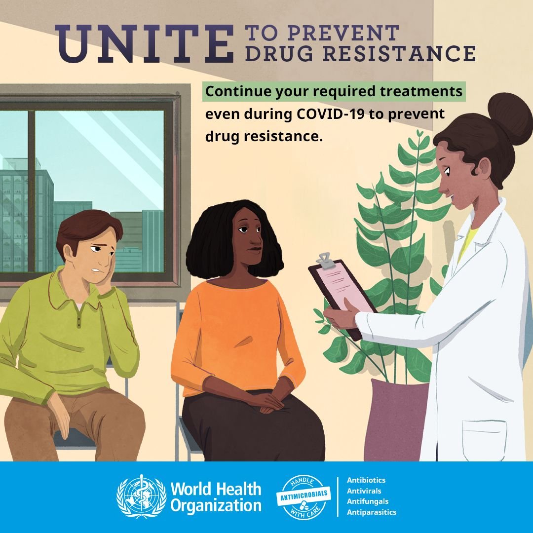 Text: "UNITE to prevent drug resistance", with illustration of a worried couple listening to a doctor