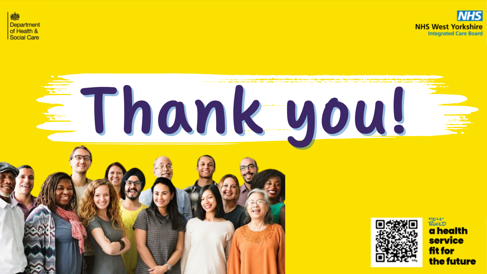 Image with the words "thank you" with a group of people smiling below